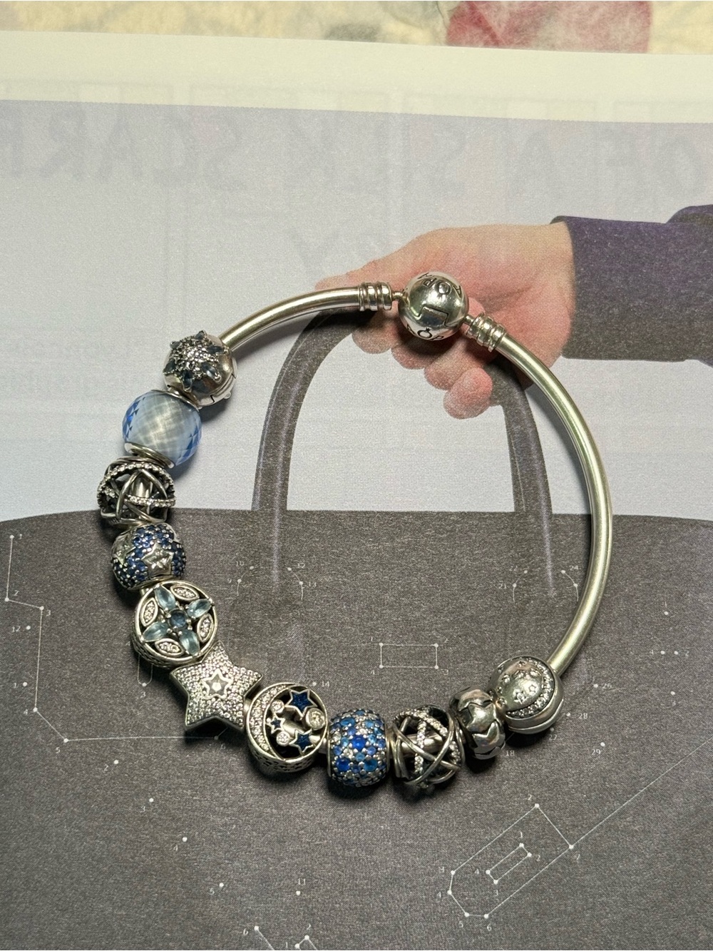 Pandora Silver Bracelet with Blue and Silver Star Charms